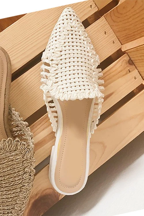 Raffia Pointy Toe Closed Toe Flat Mules Sandals Slides-White 4 Raffia Pointy Toe Closed Toe Flat Mules Sandals Slides-White - Image 4