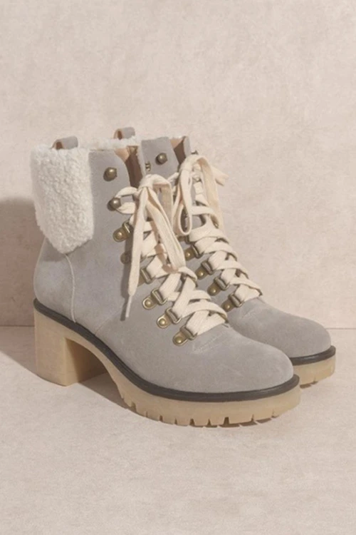 Chunky Heel Sherpa Lug Sole Military Boots-Grey 1 Chunky Heel Sherpa Lug Sole Military Boots-Grey