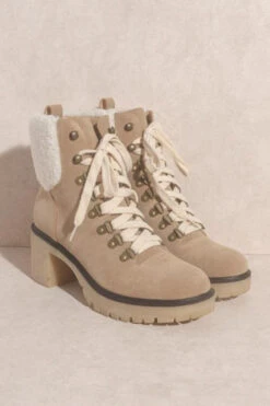 Chunky Heel Sherpa Lug Sole Military Boots-Khaki Brown