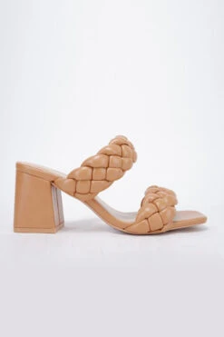 Braided Woven Two Strap Chunky Heels-Camel Brown