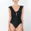 Low Cut One Piece V-Neck Swimsuit With Ruffle Sleeves-Black