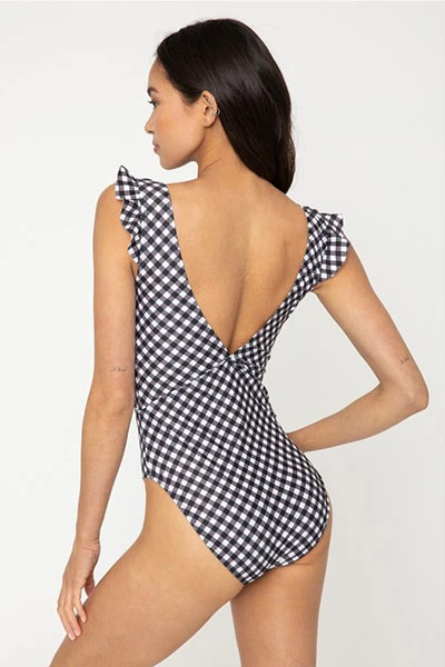 Low Cut One Piece V-Neck Swimsuit With Ruffle Sleeves-Gingham Black 2 Low Cut One Piece V-Neck Swimsuit With Ruffle Sleeves-Gingham Black - Image 2