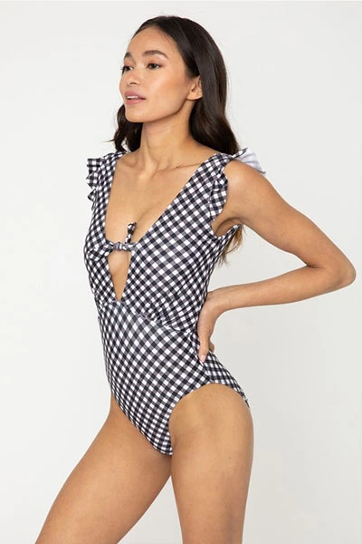 Low Cut One Piece V-Neck Swimsuit With Ruffle Sleeves-Gingham Black 3 Low Cut One Piece V-Neck Swimsuit With Ruffle Sleeves-Gingham Black - Image 3