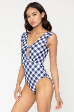 Low Cut One Piece V-Neck Swimsuit With Ruffle Sleeves-Gingham Print Blue -LumiWear Store one piece f1704 gingham navy blue3