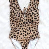 One Piece Animal Print V-Neck Swimsuit With Ruffle Shoulders-Leopard Print