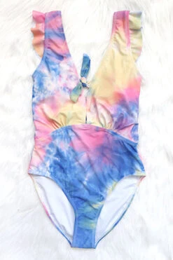 Tie Dye One Piece V-Neck Swimsuit With Ruffle Shoulders-Tie Dye Multi-Color