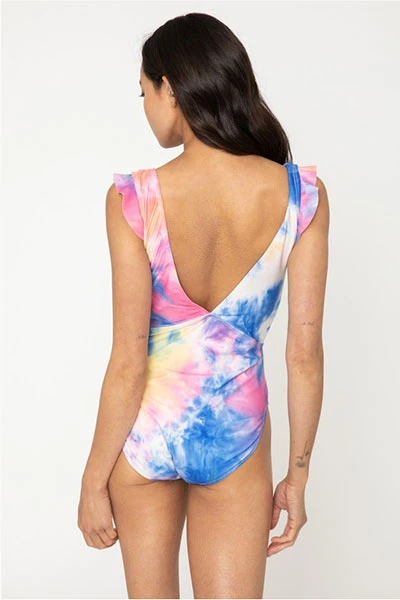 Tie Dye One Piece V-Neck Swimsuit With Ruffle Shoulders-Tie Dye Multi-Color 3 Tie Dye One Piece V-Neck Swimsuit With Ruffle Shoulders-Tie Dye Multi-Color - Image 3