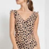 Animal Print One Piece V-Neck Swimsuit With Ruffle Shoulders-Leopard Print