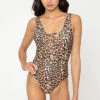 Caged Low Cut V-Neck Animal Print One Piece Swimsuit-Cheetah Leopard Print