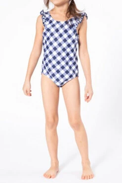Kids One Piece V-Neck Swimsuit With Ruffle Shoulders-Gingham Print Blue -LumiWear Store one piece kids k4708 gingham navyblue3