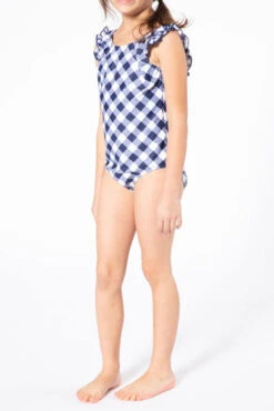 Kids One Piece V-Neck Swimsuit With Ruffle Shoulders-Gingham Print Blue -LumiWear Store one piece kids k4708 gingham navyblue4