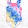 Kids Tie Dye One Piece V-Neck Swimsuit With Ruffle Shoulders-Tie Dye Multi-Color
