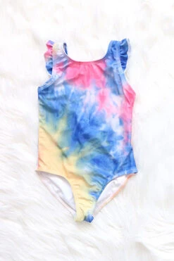 Kids Tie Dye One Piece V-Neck Swimsuit With Ruffle Shoulders-Tie Dye Multi-Color