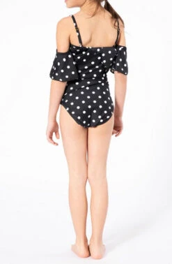 Kids Ruffle Off The Shoulder One Piece Swimsuit-Black Polka Dot -LumiWear Store one piece kids offshoulder k4714 black dot3