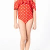 Kids Ruffle Off The Shoulder One Piece Swimsuit-Red Polka Dot