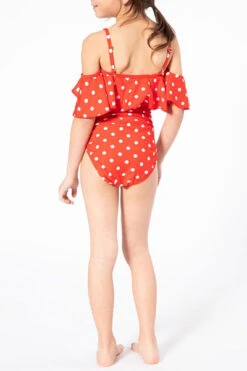 Kids Ruffle Off The Shoulder One Piece Swimsuit-Red Polka Dot -LumiWear Store one piece kids offshoulder k4714 red dot3