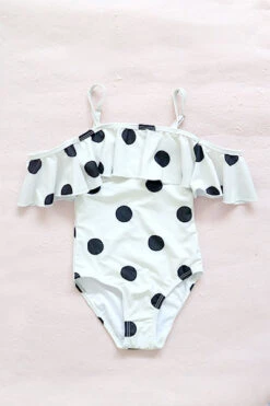 Kids Ruffle Off The Shoulder One Piece Swimsuit-Off White & Black Polka Dot