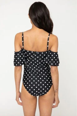 Ruffle Off The Shoulder One Piece Swimsuit-Black Polka Dot -LumiWear Store one piece offshoulder f1810 black dot3