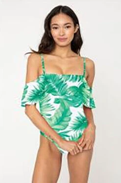 Ruffle Off The Shoulder One Piece Swimsuit-Green Leaf Print