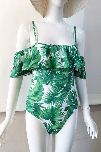 Ruffle Off The Shoulder One Piece Swimsuit-Green Leaf Print 2 Ruffle Off The Shoulder One Piece Swimsuit-Green Leaf Print - Image 2