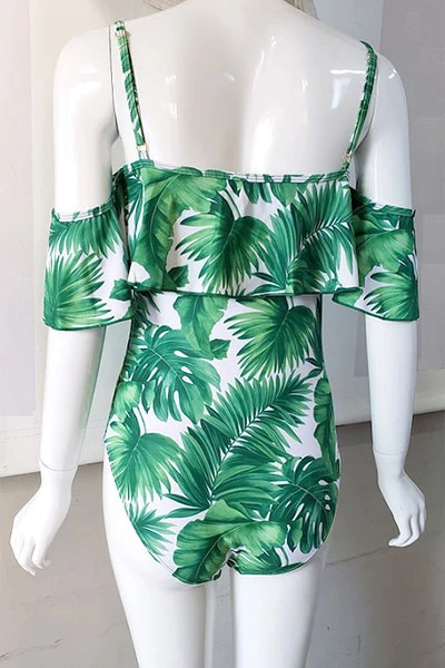 Ruffle Off The Shoulder One Piece Swimsuit-Green Leaf Print 3 Ruffle Off The Shoulder One Piece Swimsuit-Green Leaf Print - Image 3