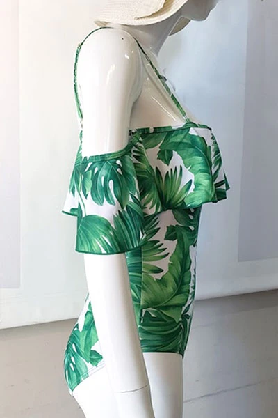 Ruffle Off The Shoulder One Piece Swimsuit-Green Leaf Print 4 Ruffle Off The Shoulder One Piece Swimsuit-Green Leaf Print - Image 4