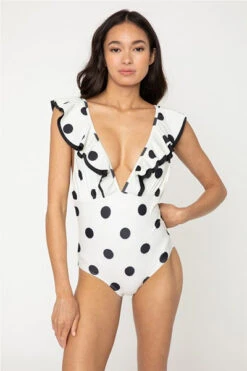 Ruffle Low Cut V-Neck One Piece Swimsuit-Off White & Black Polka Dot