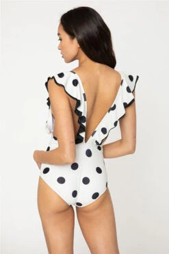 Ruffle Low Cut V-Neck One Piece Swimsuit-Off White & Black Polka Dot -LumiWear Store one piece ruffle vneck f1807 white dot3
