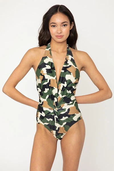 Camouflage Twist Low Cut Deep V-Neck One Piece Swimsuit-Camo Print 1 Camouflage Twist Low Cut Deep V-Neck One Piece Swimsuit-Camo Print