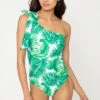 One Shoulder One Piece Swimsuit-Green Leaf Print