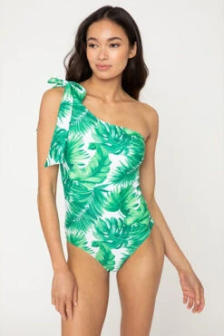 One Shoulder One Piece Swimsuit-Green Leaf Print
