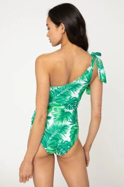 One Shoulder One Piece Swimsuit-Green Leaf Print -LumiWear Store oneshoulder swimsuit f1803 green leaves3