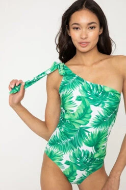 One Shoulder One Piece Swimsuit-Green Leaf Print -LumiWear Store oneshoulder swimsuit f1803 green leaves4