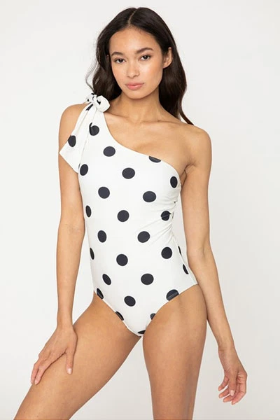 One Shoulder One Piece Swimsuit-Off White & Black Polka Dot 1 One Shoulder One Piece Swimsuit-Off White & Black Polka Dot