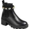 Rhinestone Ankle Chelsea Boots With Lug Sole Chunky Heel-Black