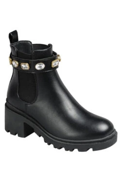 Rhinestone Ankle Chelsea Boots With Lug Sole Chunky Heel-Black