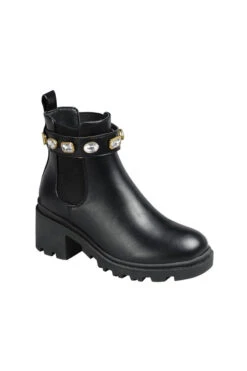 KIDS Girls Rhinestone Ankle Chelsea Boots With Lug Sole Chunky Heel-Black (Kids Size)