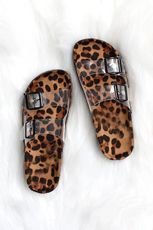 Clear Double Strap Buckle Sandals With Animal Print Sole-Leopard Print 1 Clear Double Strap Buckle Sandals With Animal Print Sole-Leopard Print