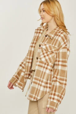 Button Down Plaid Shirt Jacket Shacket-Camel Brown And White -LumiWear Store plaid shacket 80015jy camel3