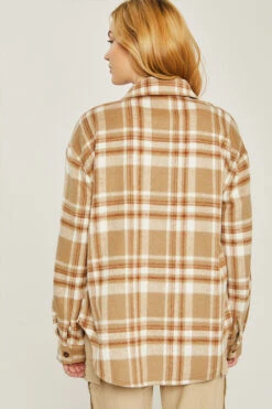 Button Down Plaid Shirt Jacket Shacket-Camel Brown And White -LumiWear Store plaid shacket 80015jy camel4