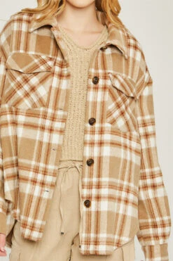 Button Down Plaid Shirt Jacket Shacket-Camel Brown And White -LumiWear Store plaid shacket 80015jy camel5