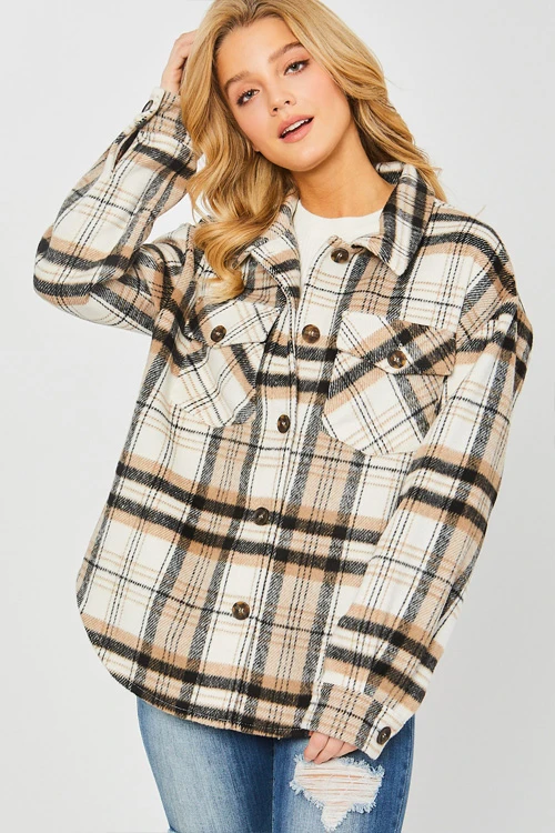 Button Down Plaid Shirt Jacket Shacket-Black Taupe And Off White 1 Button Down Plaid Shirt Jacket Shacket-Black Taupe And Off White