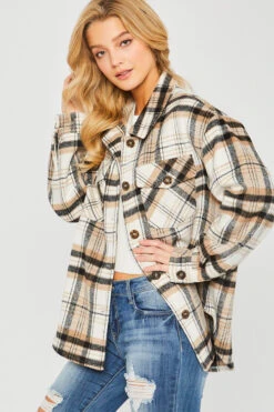 Button Down Plaid Shirt Jacket Shacket-Black Taupe And Off White 7 Button Down Plaid Shirt Jacket Shacket-Black Taupe And Off White -LumiWear Store plaid shacket 80071jy black3