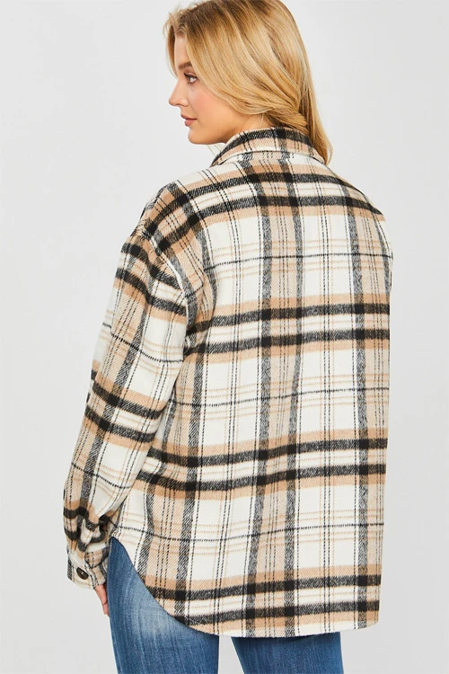 Button Down Plaid Shirt Jacket Shacket-Black Taupe And Off White 5 Button Down Plaid Shirt Jacket Shacket-Black Taupe And Off White - Image 5