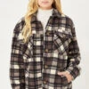 Button Up Plaid Sherpa Jacket Shacket-Black And White