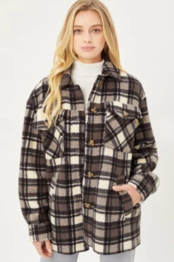 Button Up Plaid Sherpa Jacket Shacket-Black And White