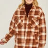 Button Up Plaid Sherpa Jacket Shacket-Brown And White
