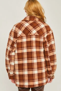 Button Up Plaid Sherpa Jacket Shacket-Brown And White -LumiWear Store plaid sherpa 80001jy brown3