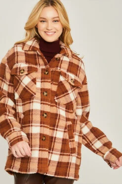 Button Up Plaid Sherpa Jacket Shacket-Brown And White -LumiWear Store plaid sherpa 80001jy brown4