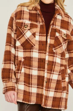 Button Up Plaid Sherpa Jacket Shacket-Brown And White -LumiWear Store plaid sherpa 80001jy brown5